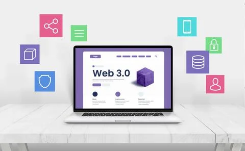 Laptop with Web 3.0 presentation, surrounded by icons representing web 3 feat Stock Photos