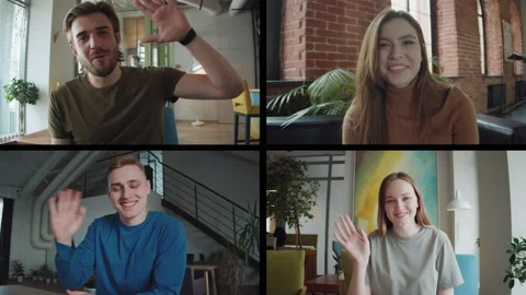 Laptop webcam screen multicam view multiethnic young friends videoconference Stock Footage 136783438