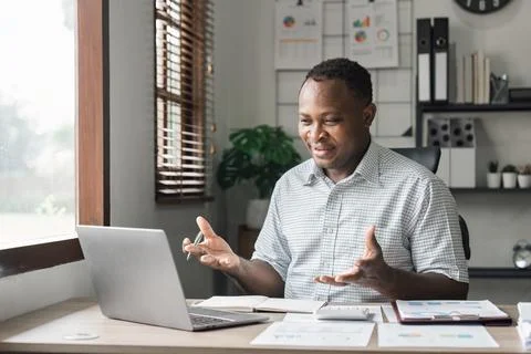 Laptop webinar, workshop training and business meeting on global call in office Stock Photos