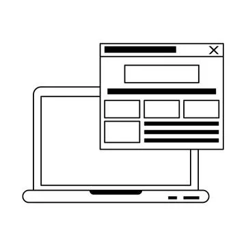 Laptop website browsing isolated in black and white Illustrazione stock