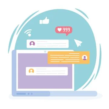 Laptop website chat and message bubbles, social network communication system and Stock Illustration