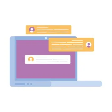 Laptop website chat and message bubbles, social network communication system and Stock Illustration
