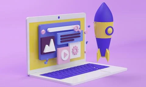 Laptop with a website on the screen and a space rocket. Startup concept. 3d Stock Illustration