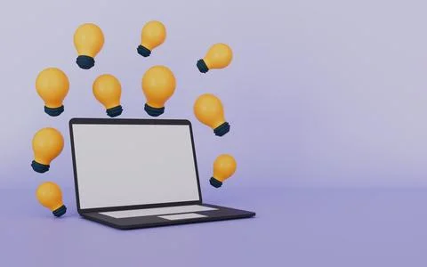 Laptop white screen surrounded by light bulbs, Concept of money and Business Stock Illustration