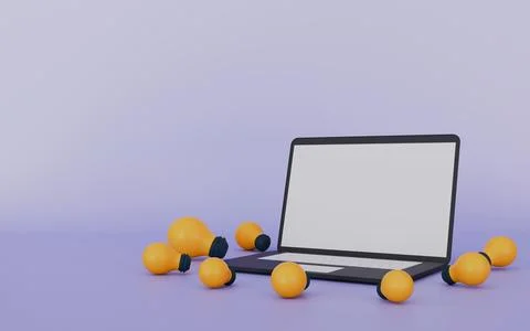 Laptop white screen surrounded by light bulbs, Concept of money and Business Stock Illustration