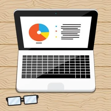 Laptop on wood table , vector design for business. Stock Illustration