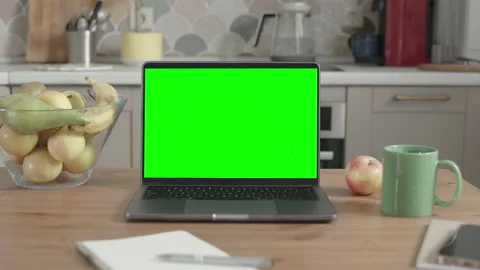 Laptop on Wooden Table in Kitchen Interior Stock Footage 151005531