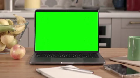 Laptop on Wooden Table in Kitchen Interior Stock Footage 151005622