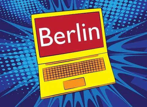 Laptop with the word Berlin on the screen. Vector cartoon illustration. Ilustración de archivo