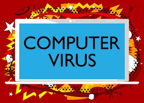 Laptop with the word Computer virus on the screen. Vector cartoon illustratio Stock Illustration