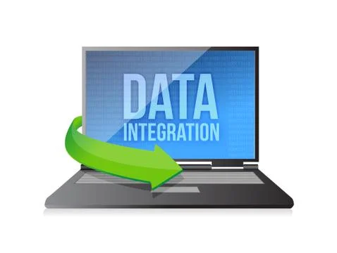 Laptop with word data integration on display illustration design over a white Illustrazione stock