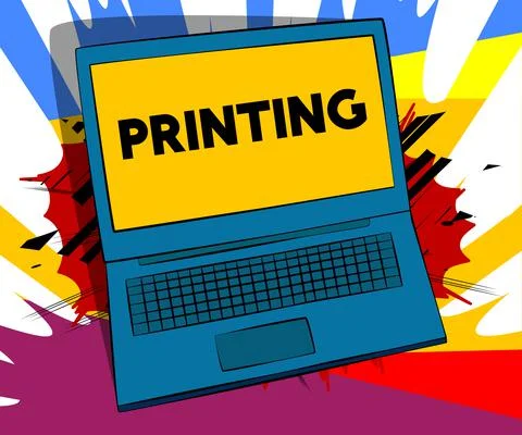 Laptop with the word Printing on the screen. Vector cartoon illustration. Pri Stockillustratie