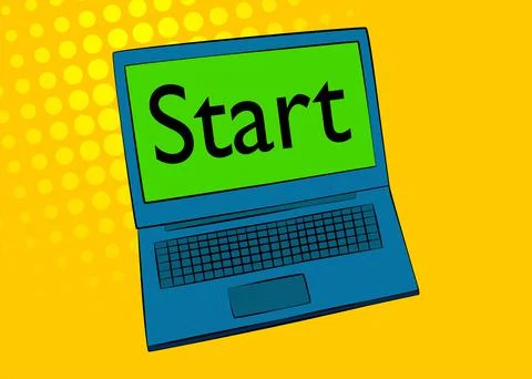 Laptop with the word Start on the screen. Vector cartoon illustration. Illustrazione stock