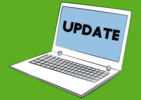 Laptop with the word Update on the screen. Vector cartoon illustration. Stock Illustration