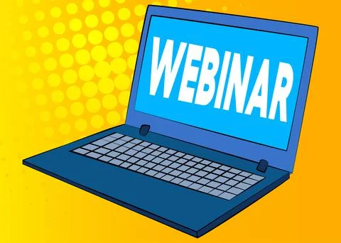 Laptop with the word Webinar on the screen. Vector cartoon illustration. Stock Illustration