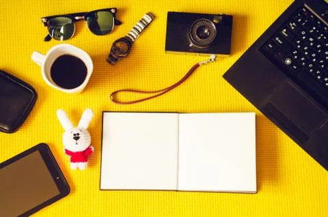 Laptop for work. camera and tablet. notebook. travel and adventure 스톡 사진