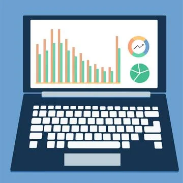 Laptop for work, charts, evaluation. Conclusions. Vector. Stock Illustration
