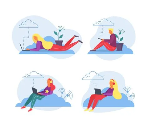 Laptop work with cloud storage, vector illustration. Flat man woman people Stock Illustration