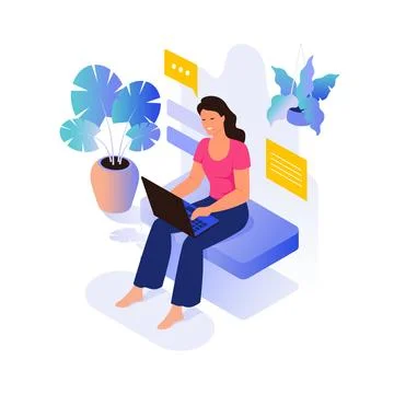 Laptop work. Isometric people with computers. Freelance lifestyle. Houseplants Stock Illustration