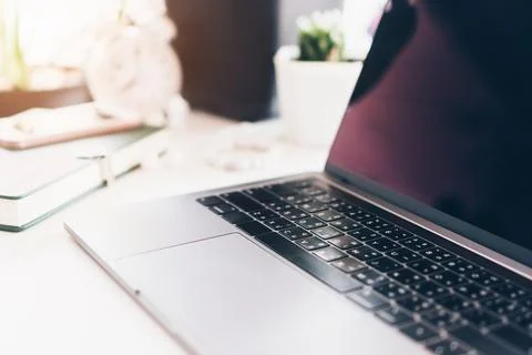 Laptop to work study on work desk. Business, financial, trade stock maket a.. Stock Photos