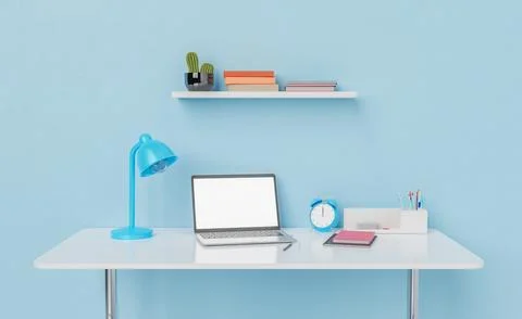 Laptop on working table with lamp and alarm clock Stock Illustration