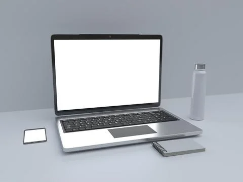 A Laptop In The Workstation With Grey Background 3D Render Stock Illustration