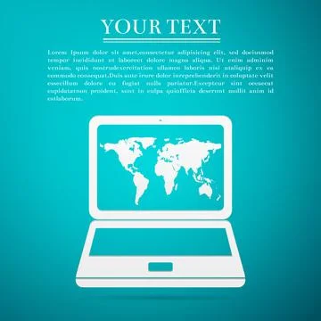 Laptop with world map flat icon on blue background. Vector Illustration Stock Illustration