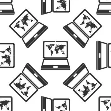 Laptop with world map icon pattern on white background. Adobe illustrator Stock Illustration