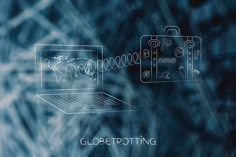 Laptop with world map on screen and luggage popping out of the screen on a sp Stock Illustration