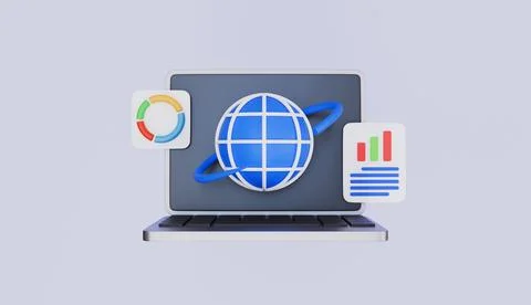 Laptop with world map on screen, a global communication and business network 스톡 일러스트
