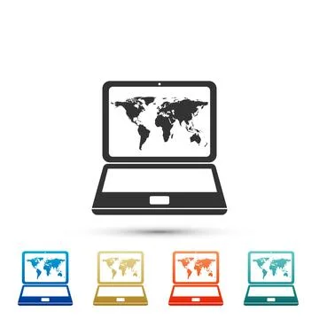 Laptop with world map on screen icon isolated on white background. World ma.. 스톡 일러스트