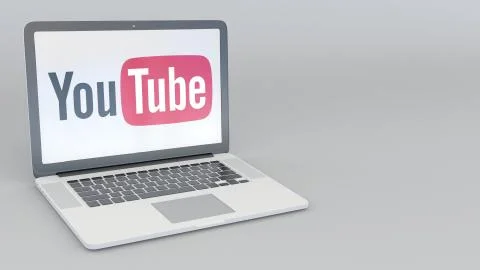 Laptop with YouTube logo. Computer technology conceptual editorial 3D rendering Illustrazione stock