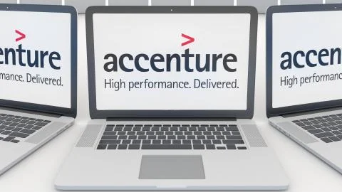 Laptops with Accenture logo on the screen. Computer technology conceptual Illustrazione stock