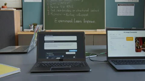 Laptops with AI Image Generator Software and Text Prompt in Classroom Stock Footage 318718881