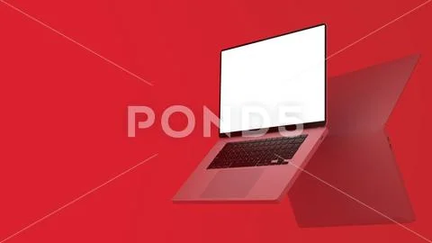 Laptops in air with shadow mockup. Red background  PSD Template