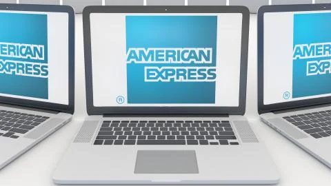 Laptops with American Express logo on the screen. Computer technology conceptual Stock Illustration