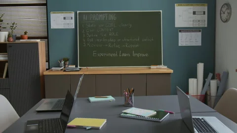 Laptops and Blackboard in Classroom for AI Programming Lesson Stock Footage 318713013