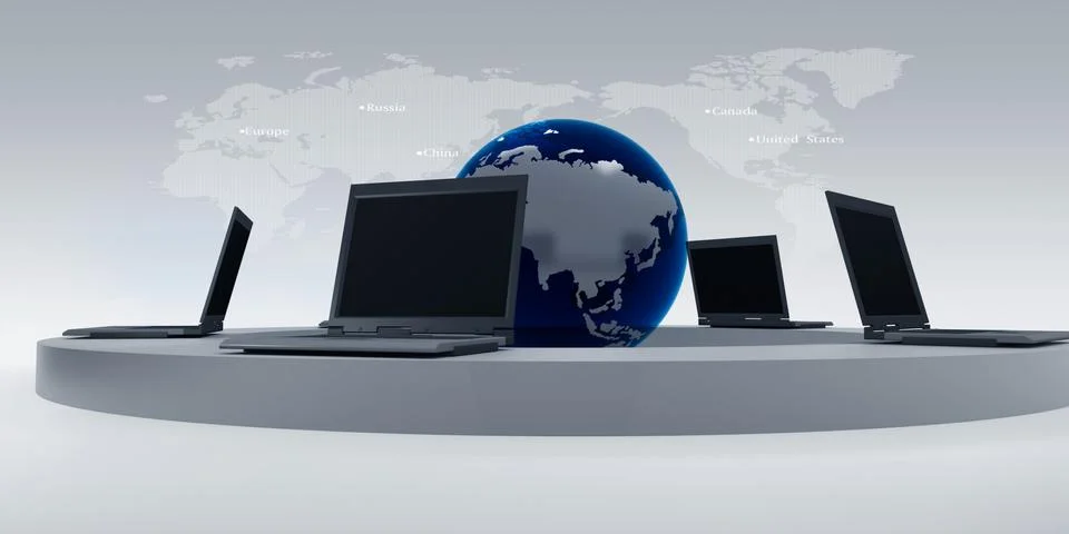 Laptops and earth globe - computer network - Stock Image Illustrazione stock