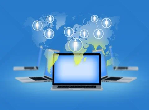 Laptops and social world map with icons of people Illustrazione stock