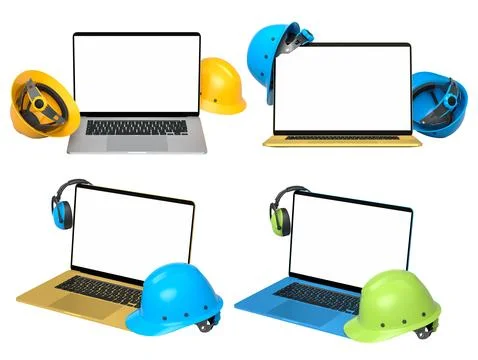 Laptops with blank screens surrounded by construction helmets, isolated on white Stock Illustration