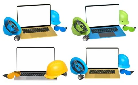 Laptops with blank screens surrounded by construction helmets, respirators and Stock Illustration