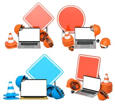 Laptops with blank screens surrounded by construction helmets, cones and warning Stock Illustration