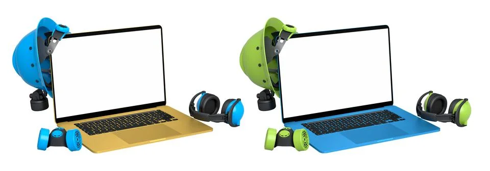 Laptops with blank screens surrounded by construction helmets, respirators and Stock Illustration