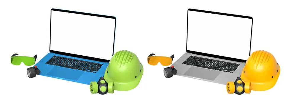 Laptops with blank screens surrounded by construction helmets, respirators and Stock Illustration