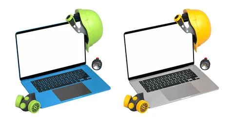 Laptops with blank screens surrounded by construction helmets, respirators and Stock Illustration