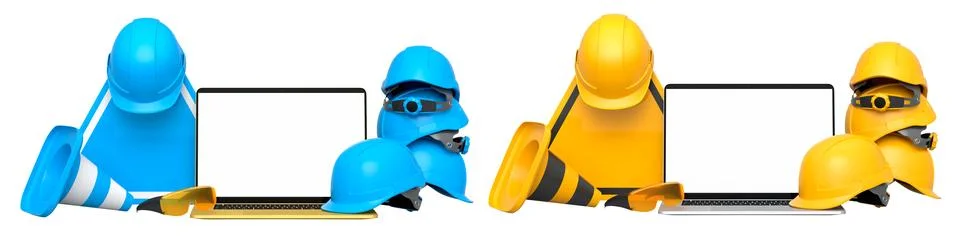 Laptops with blank screens surrounded by construction helmets, cones and warning Stock Illustration