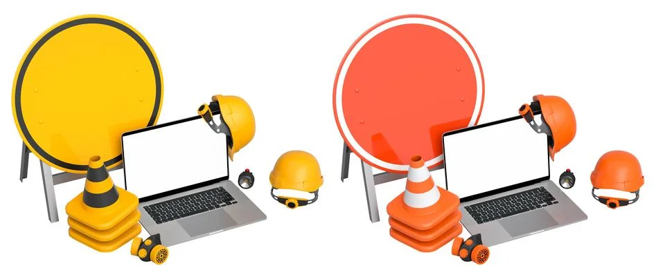 Laptops with blank screens surrounded by construction helmets, cones and warning Stock Illustration