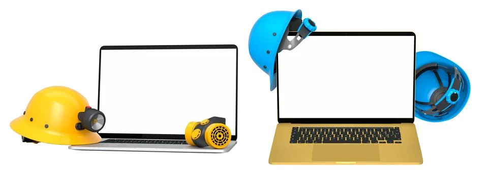 Laptops with blank screens surrounded by construction helmets, respirators and Stock Illustration