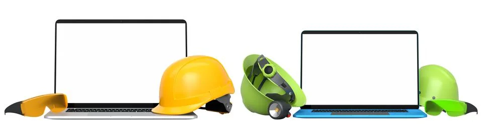 Laptops with blank screens surrounded by construction helmets, respirators and Stock Illustration