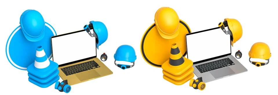 Laptops with blank screens surrounded by construction helmets, cones and warning Stock Illustration